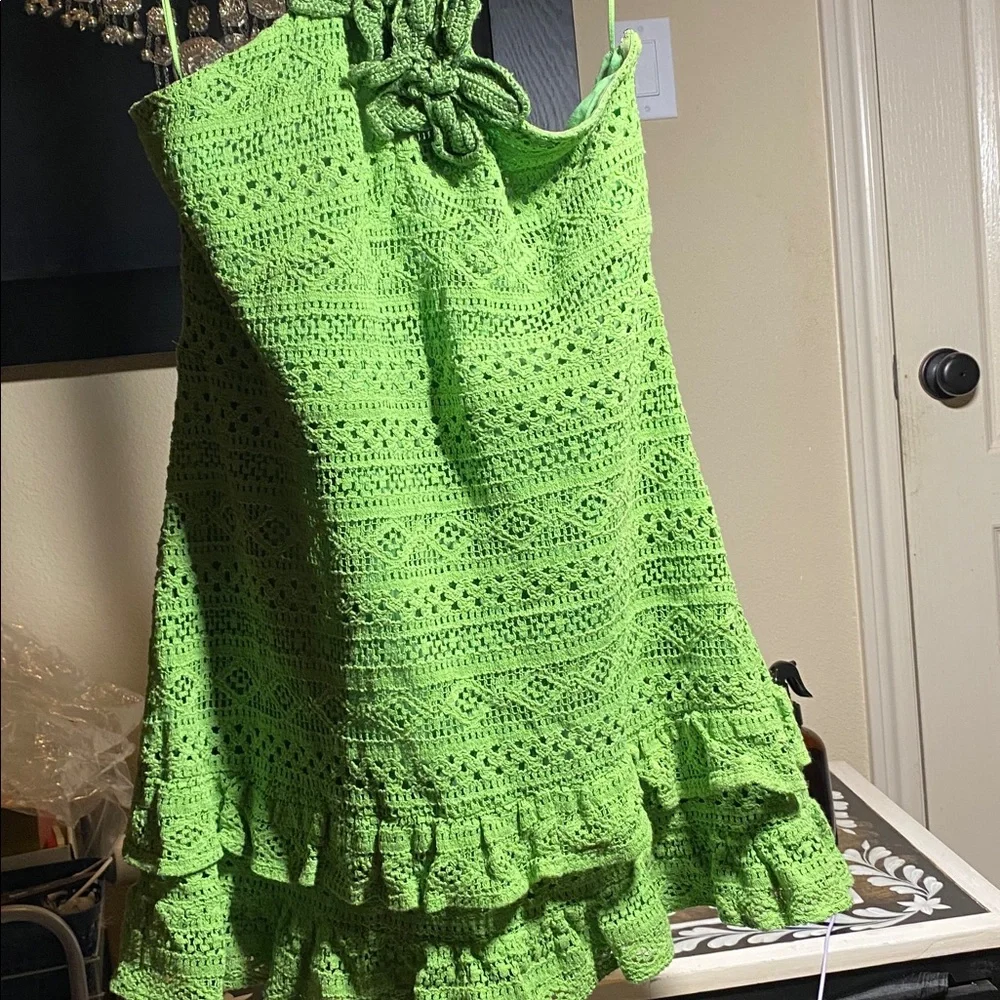 Farm Rio Halter Floral Ruffle Crochet Mini Dress - Picture 6 of 9